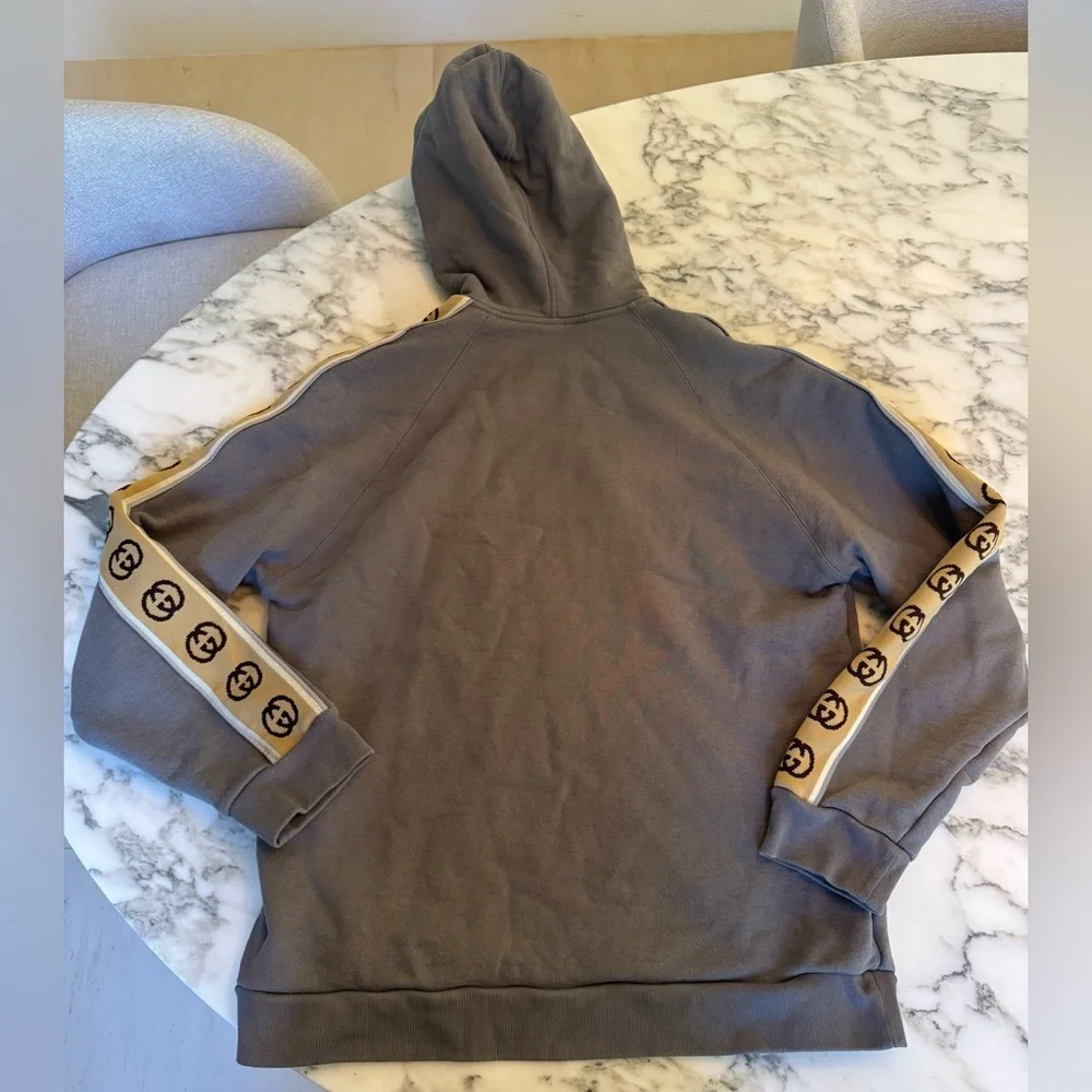 EUC Gucci Tape Detail Popover Hoodie Sweatshirt “Smoke Grey” Men Sz S